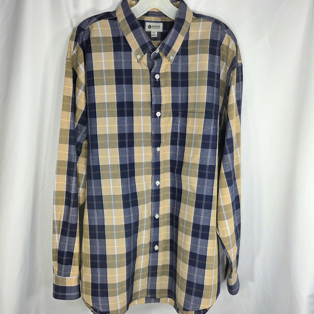Haggar Clothing NWOT Blue Tan Plaid Button Down Long Sleeve Shirt Size XXLarge